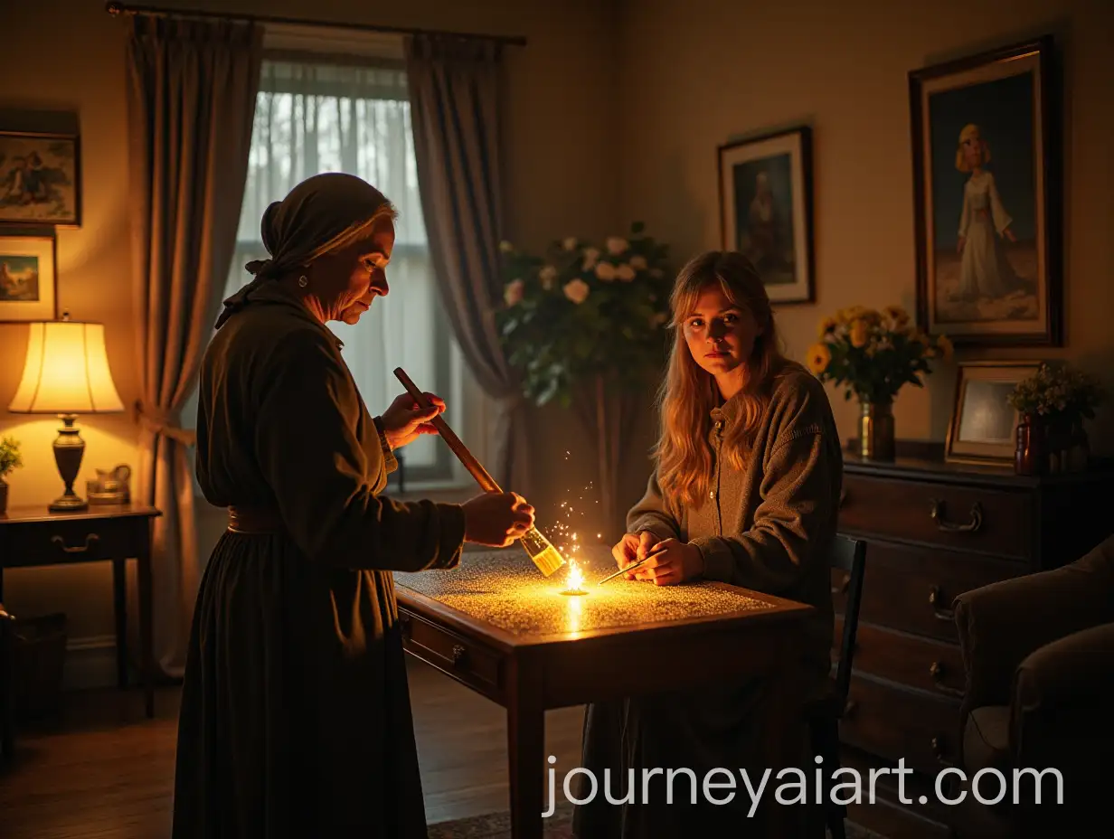Grandmother-Handing-Golden-Paintbrush-to-Lily-in-Cozy-Living-Room