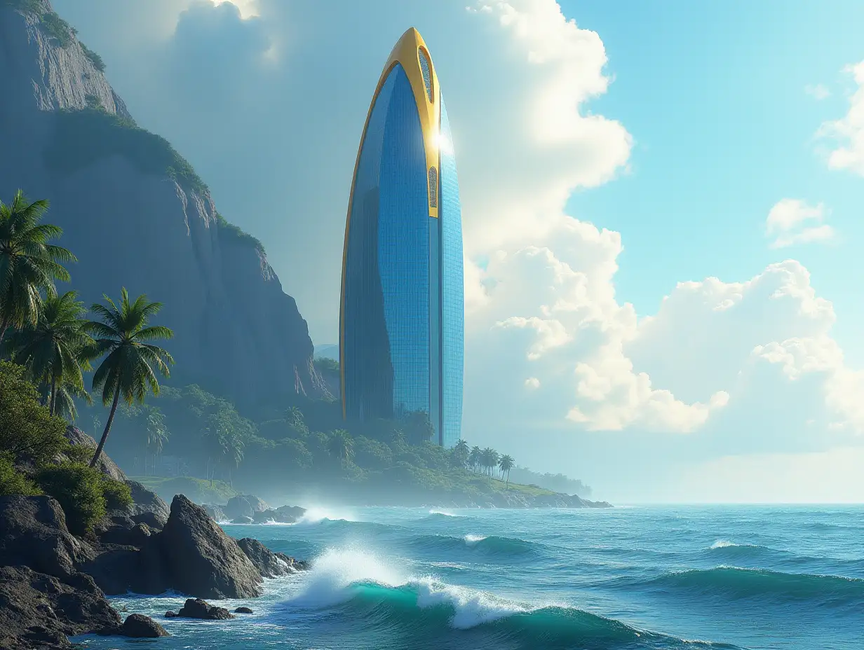 Create a high-resolution, realistic image of a futuristic very tall building with blue and gold in the sea with very large waves, big trees, rocky clouded sky