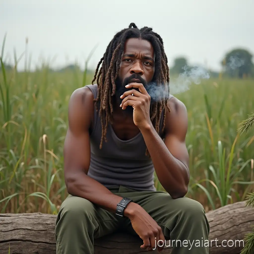 Young-Man-with-Dreadlocks-Smoking-on-a-Log-in-a-Lush-Green-Field