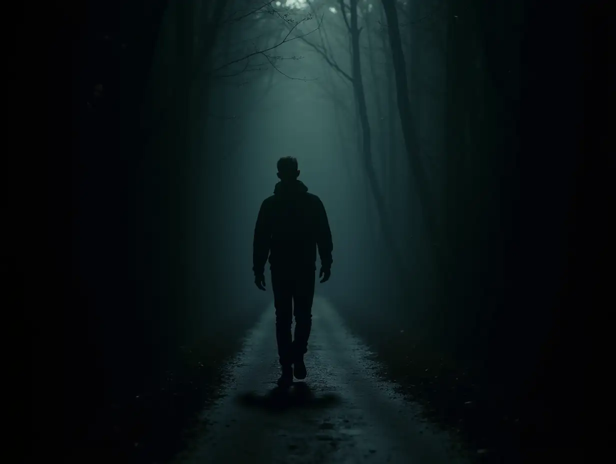 A man is walking down a dark alley/forest path/corridor Cinematic Light, filmed
