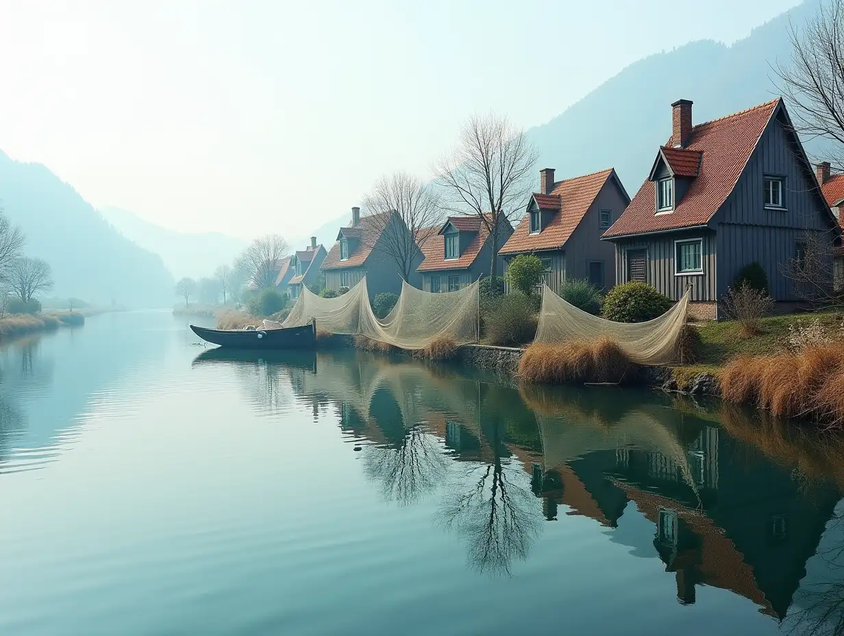 Idyllic houses next to a river with fishing nets and a small boat.-real photo Triple exposure basic idea of something Beautiful photo