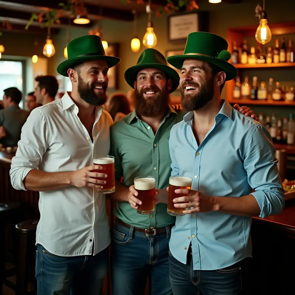 In a bar filled with St. Patrick's Day, four men stood side by side, holding beer and laughing happily. They were wearing white and light blue tops with St. Patrick's Day hats. St. Patrick's Day, atmosphere, reality, delicate, bright and clear images,