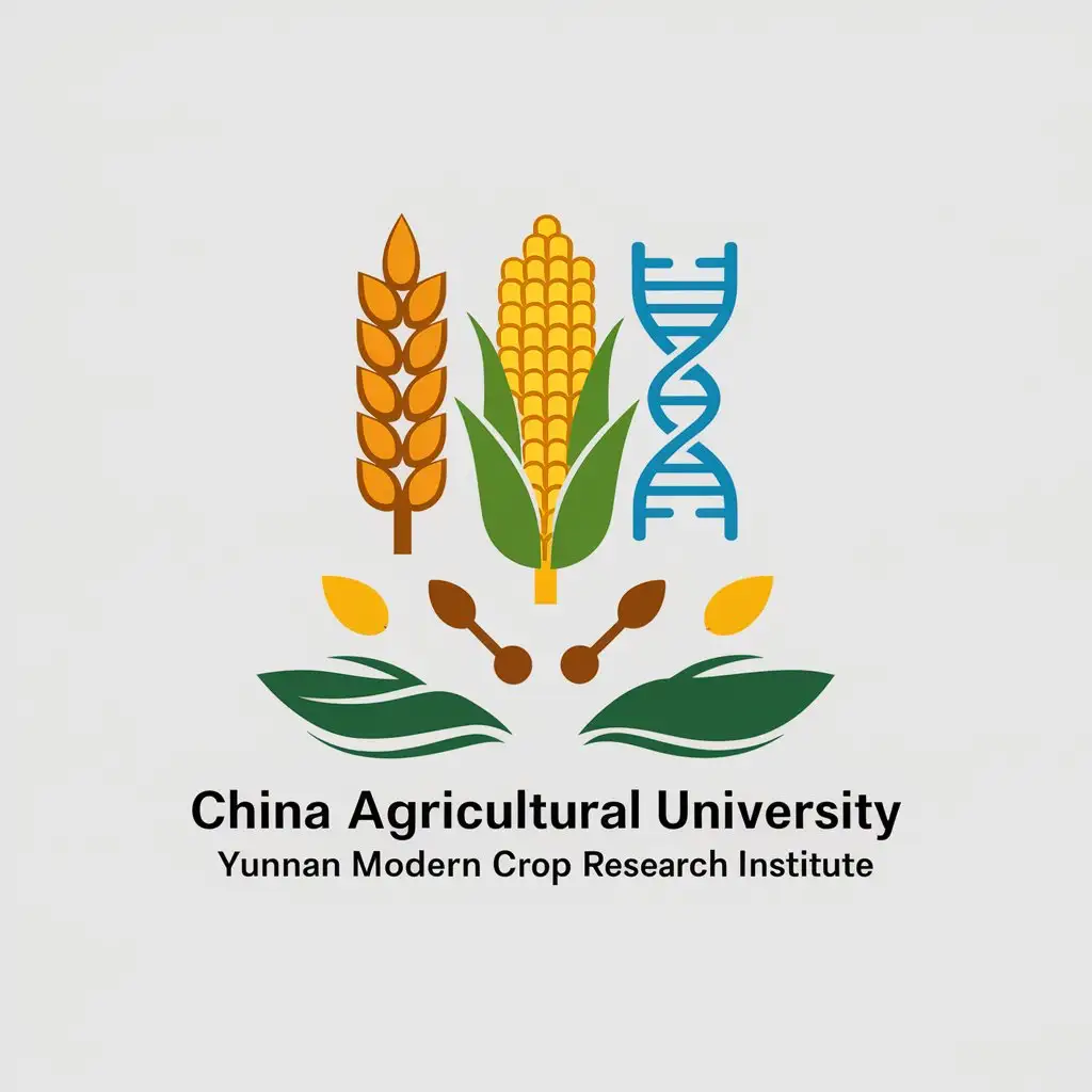 a vector logo design,with the text "China Agricultural University Yunnan Modern Crop Research Institute", main symbol:Wheat, corn, rice, seeds, DNA double helix, gene editing,Moderate,be used in Technology industry,clear background