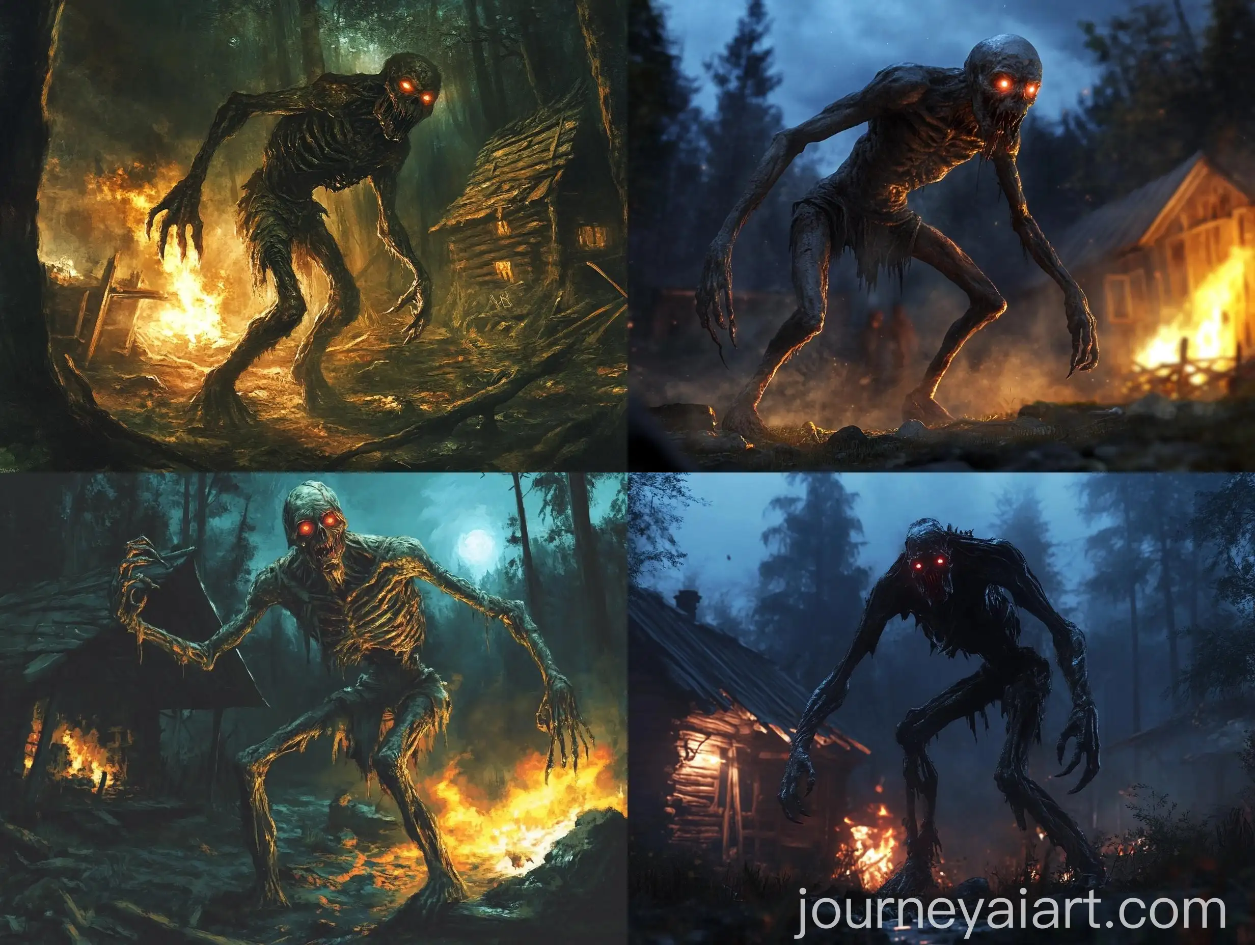 Eerie-Quadrupedal-Monster-in-Forest-Night-Scene-with-Burning-Hut