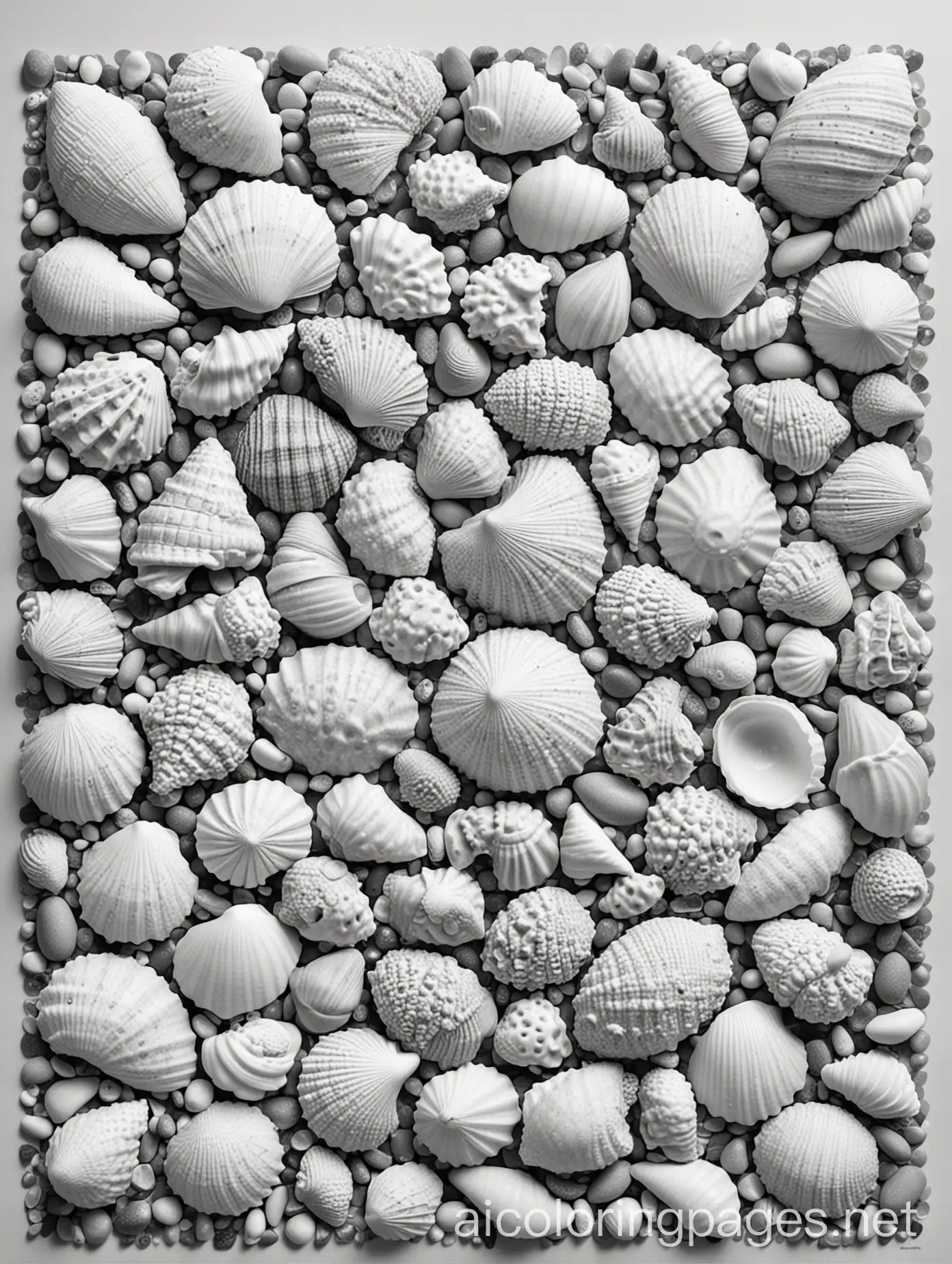 Seashell Collection coloring page: An array of different seashells, pebbles, and pieces of sea glass arranged in an intricate pattern. Each shell has unique patterns and textures, from spirals to ridges, creating a detailed and engaging coloring experience., Coloring Page, black and white, line art, white background, Simplicity, Ample White Space. The background of the coloring page is plain white to make it easy for young children to color within the lines. The outlines of all the subjects are easy to distinguish, making it simple for kids to color without too much difficulty