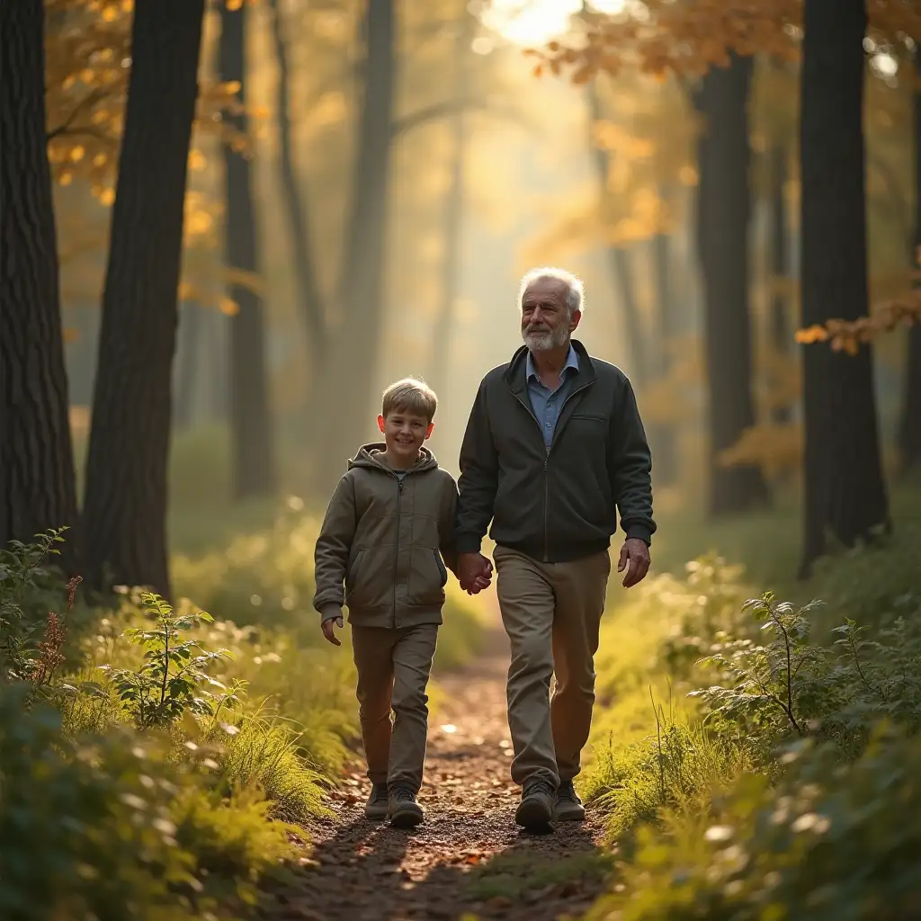 a boy 6 years old walking in forest with his grandfather