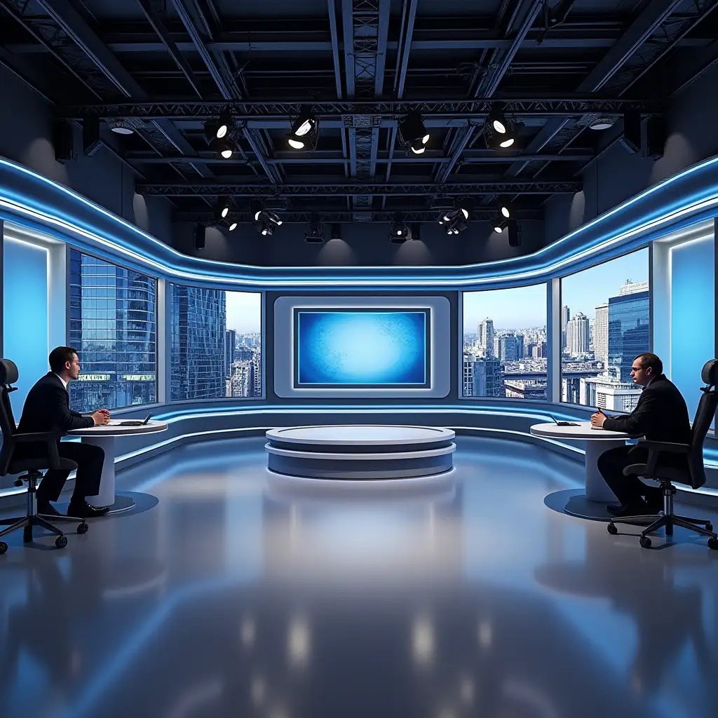 Create a realistic image of a newsroom studio