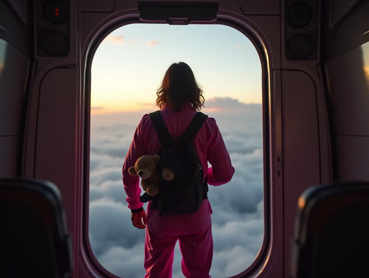 Man in Pink Suit Parachuting at Dusk with Teddy Bear