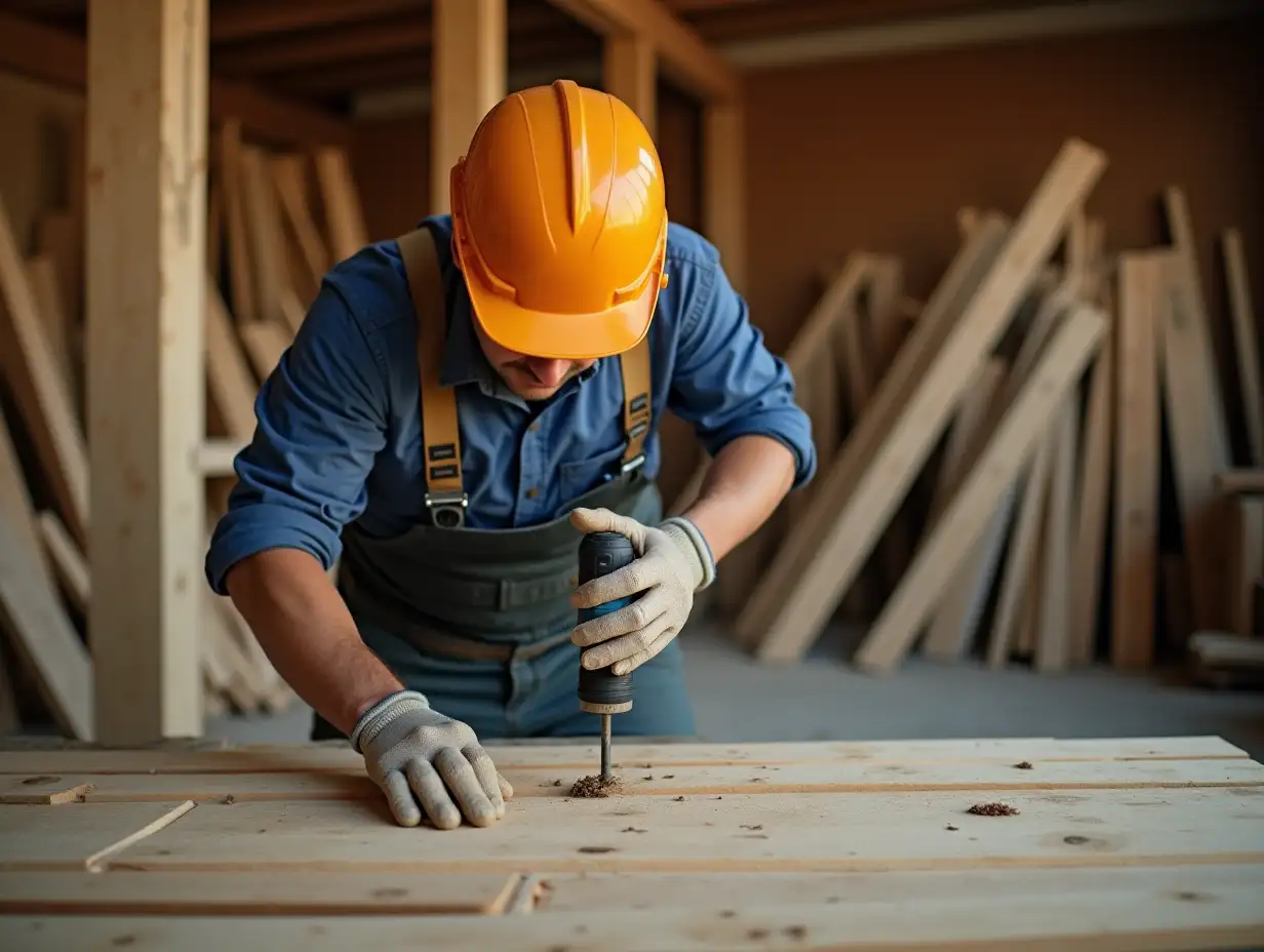 Busy, drilling the hole. Industrial worker in wooden warehouse