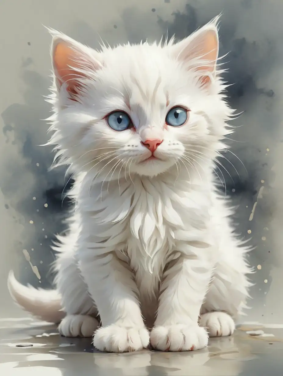 Realistic Aquarelle Illustration of a Cute White Kitten