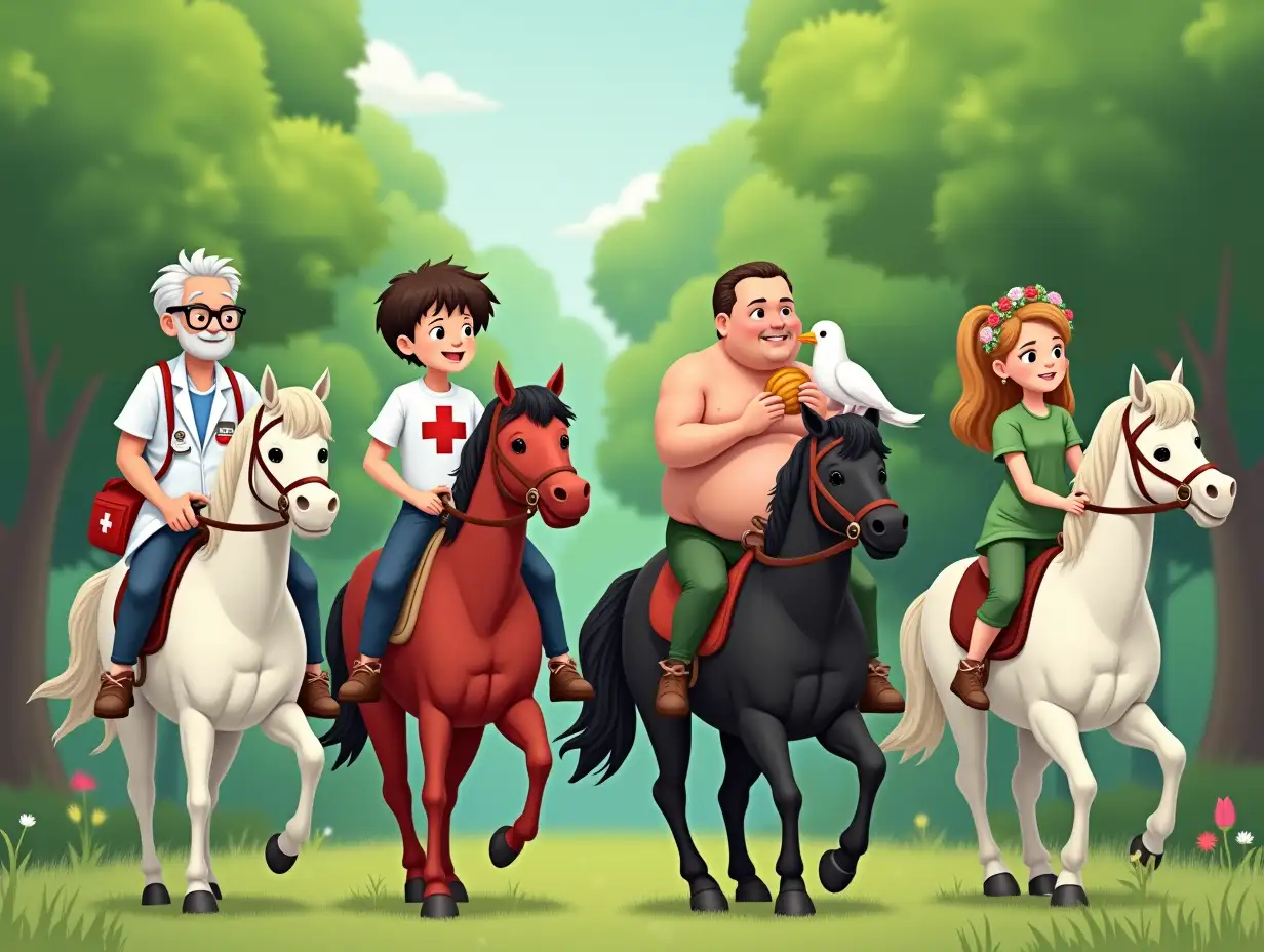 Background - green spring forest. Four riders from left to right. The first rider, an elderly man in glasses on a white horse in a white medical coat with a medical bag on a strap with a red cross. The second rider, a young intelligent-looking boy on a red horse, on the boy's t-shirt is a large emblem of pacifica, on the boy's shoulder sits a white dove. The third rider on a black horse, a chubby man who eats a bun. The fourth rider, a young pretty girl in a green dress and a wreath of roses on a pale horse.