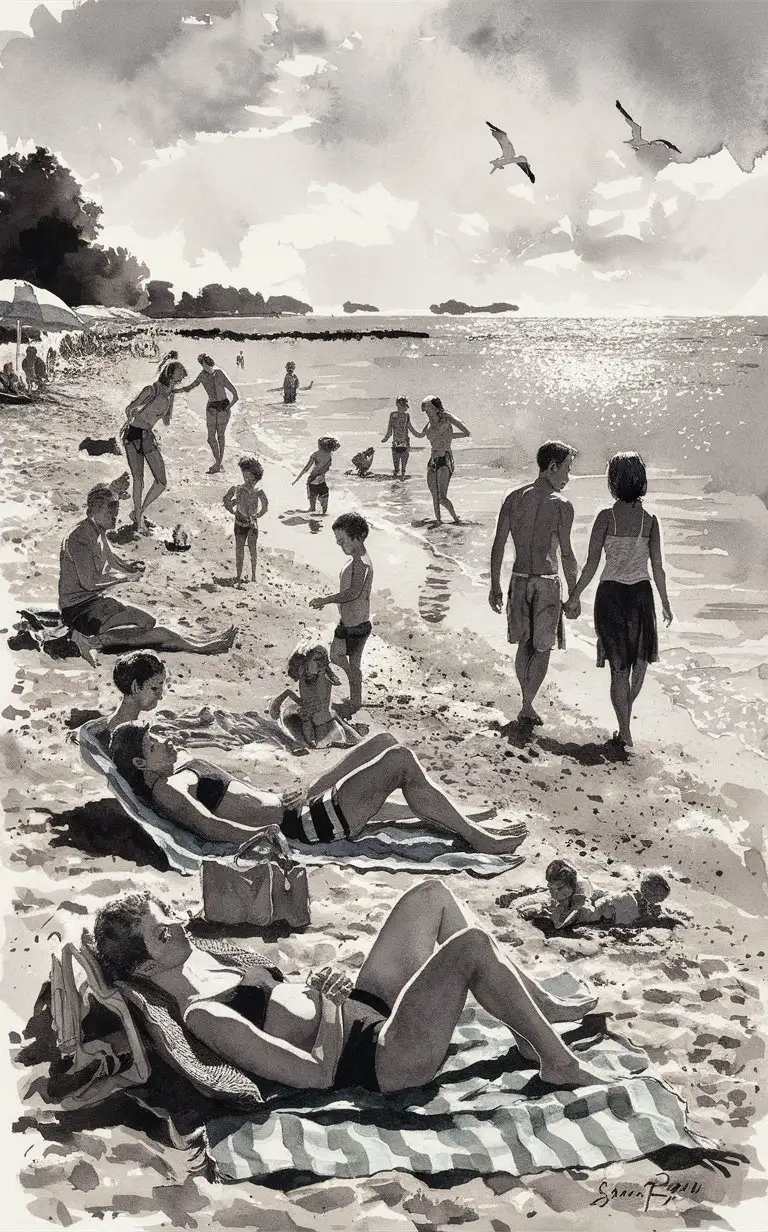 People-Enjoying-a-Relaxing-Day-at-the-Beach-in-Black-and-White-Watercolor