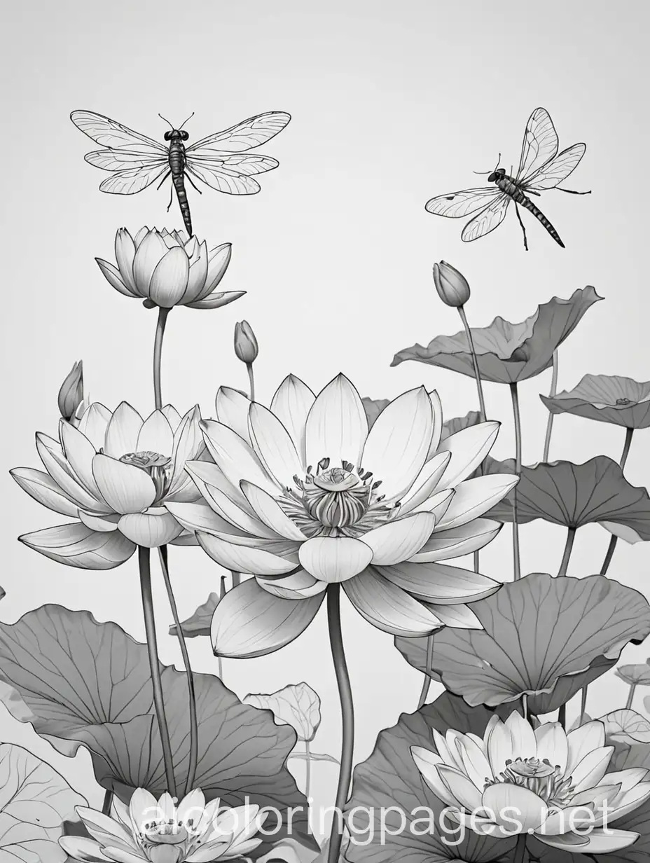 Lotus flower with dragonflies , Coloring Page, black and white, line art, white background, Simplicity, Ample White Space. The background of the coloring page is plain white to make it easy for young children to color within the lines. The outlines of all the subjects are easy to distinguish, making it simple for kids to color without too much difficulty