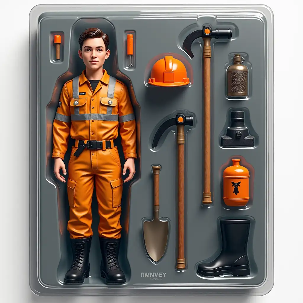 Use this photo of me to create an action figure of young man in a blister pack, in the style like a premium collectible toy. The figure should be an adult young man with a Russian appearance.The figure should be standing up. The figure should be masculine with strong shoulders and slender legs. The figure must be dressed in a miner's costume and friendly smile. The figure should have a man's short half-box haircut and dark brown hair. The blister pack should have a header with the text ‘[MATVEY]’ in large letters. Include accessories in compartments to the side of the figure: [an orange helmet with a flashlight, black rubber boots, a small iron canteen, a burrator, a pickaxe and a shovel].