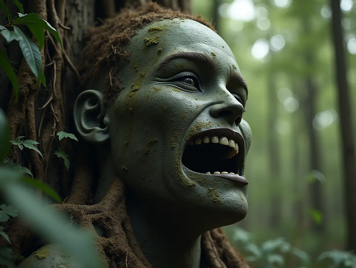Face with a stone helm in mouth roots transformed into building in the forest