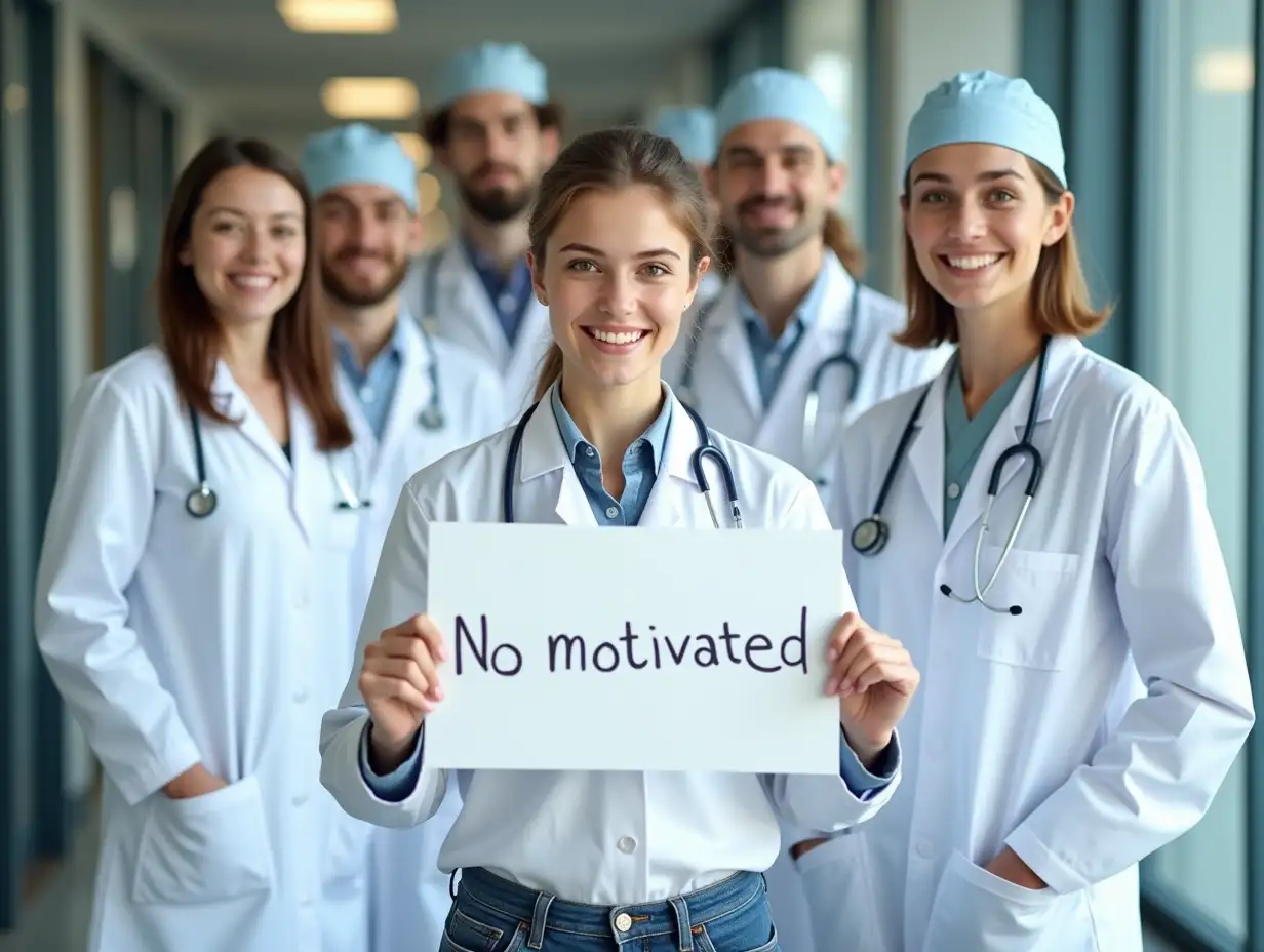 a group of young scientist or doctor holding a sign with a nonmotivating message.