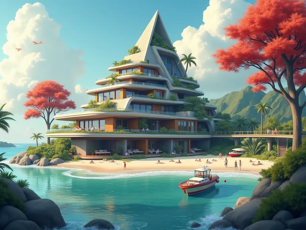 Create a high-resolution, realistic panoramic image of a futuristic terrace building with window pyramid house with bridge, a yacht and a small boat beach with people, many plants and grey and brown facades with sea with waves, big trees, red clouds