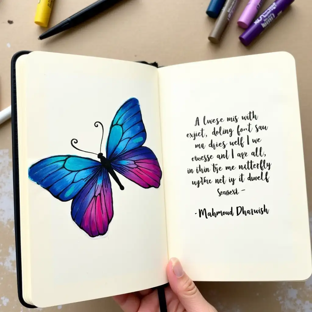 An art journal with a beautiful oil pastel painting of butterfly on one page and a quote by Mahmoud Dharwish on the other.