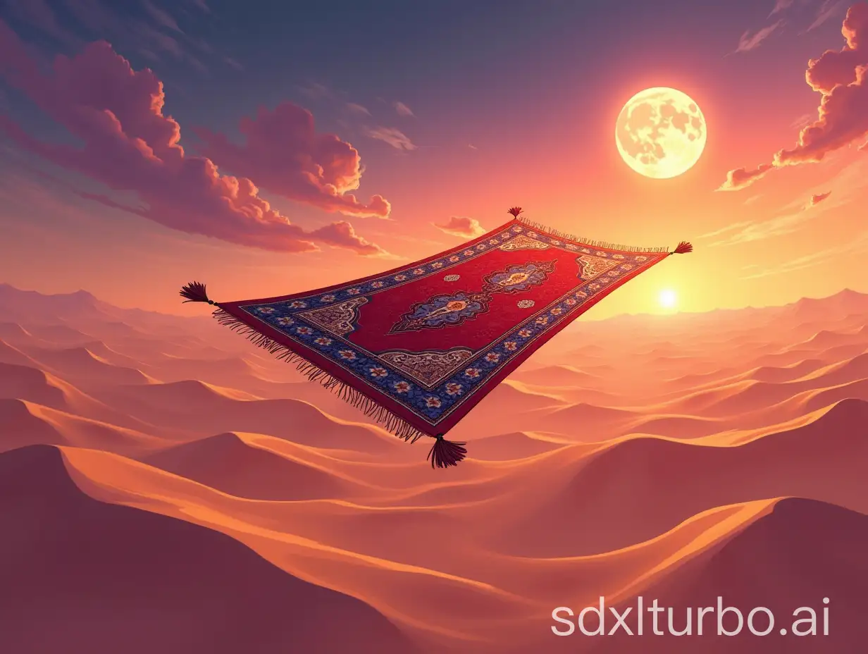 Magical-Flying-Carpet-Soaring-Over-a-Vibrant-Desert-Sunset