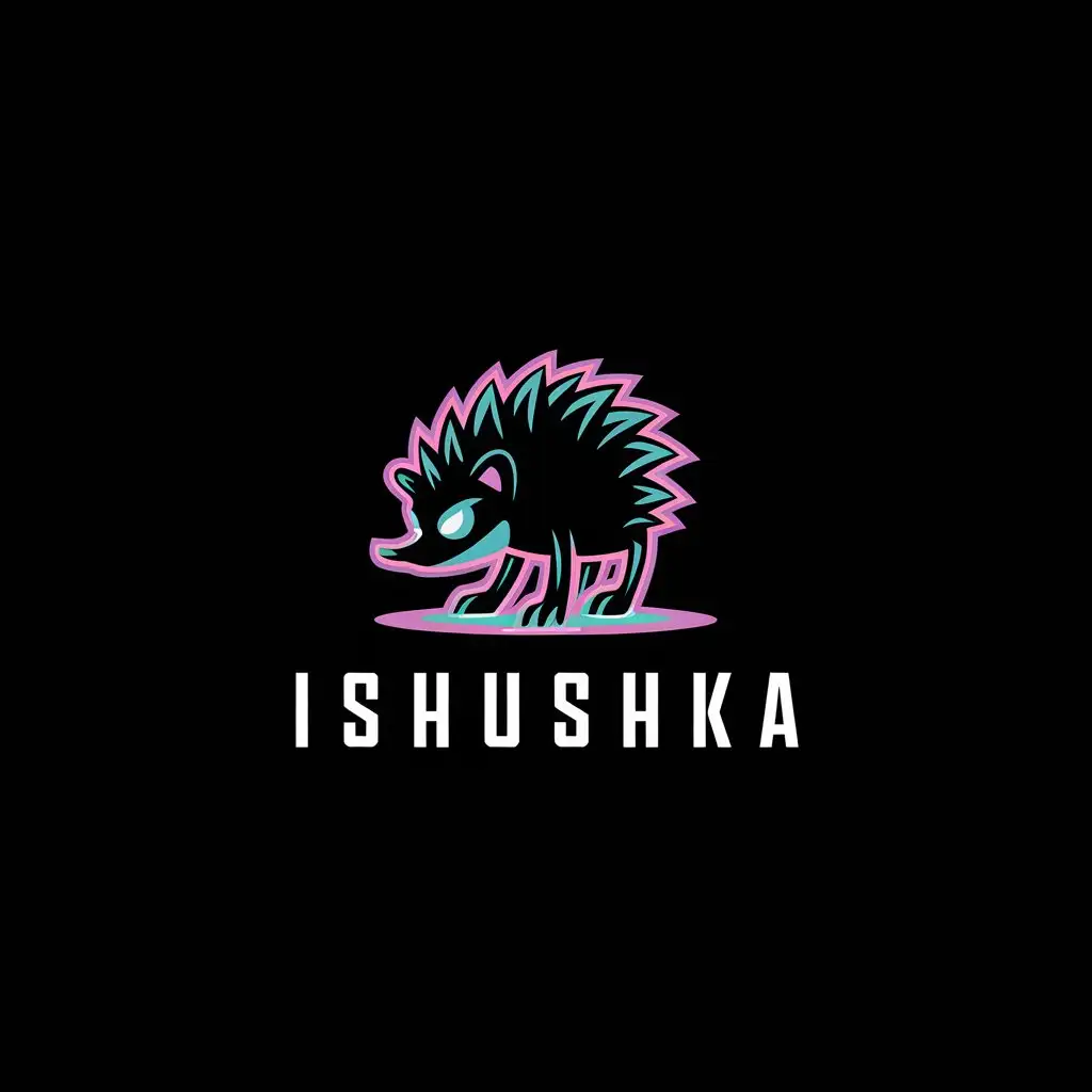 a vector logo design,with the text "ISHUSHKA", main symbol:Stylish hedgehog, in cyberpunk style, on neon backdrop.,Minimalistic,be used in Technology industry,clear background