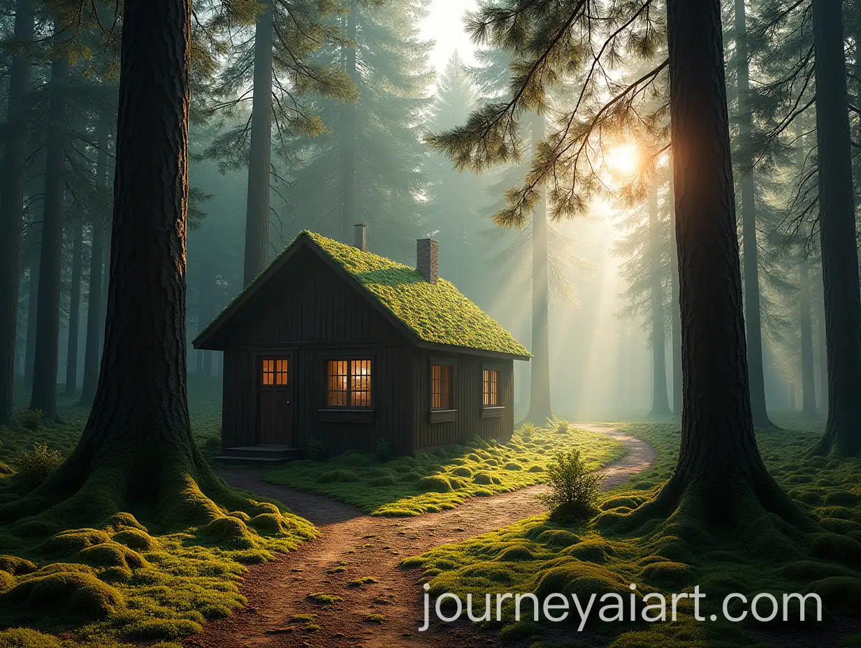 Photorealistic-Forest-Cottage-Surrounded-by-Pine-Trees-and-Moss