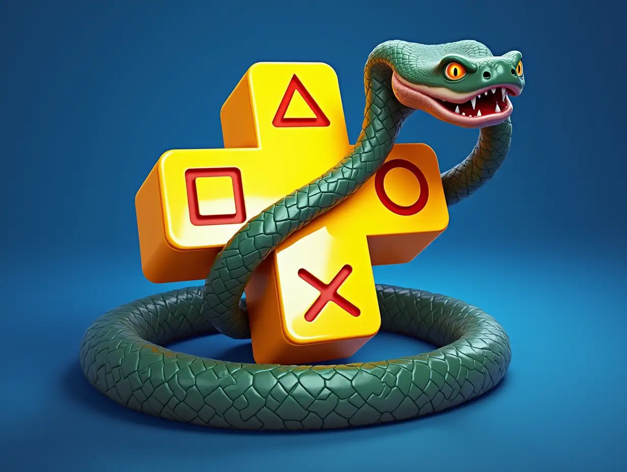 PS Plus logo which is surrounded by a snake and holds a gamepad in its teeth