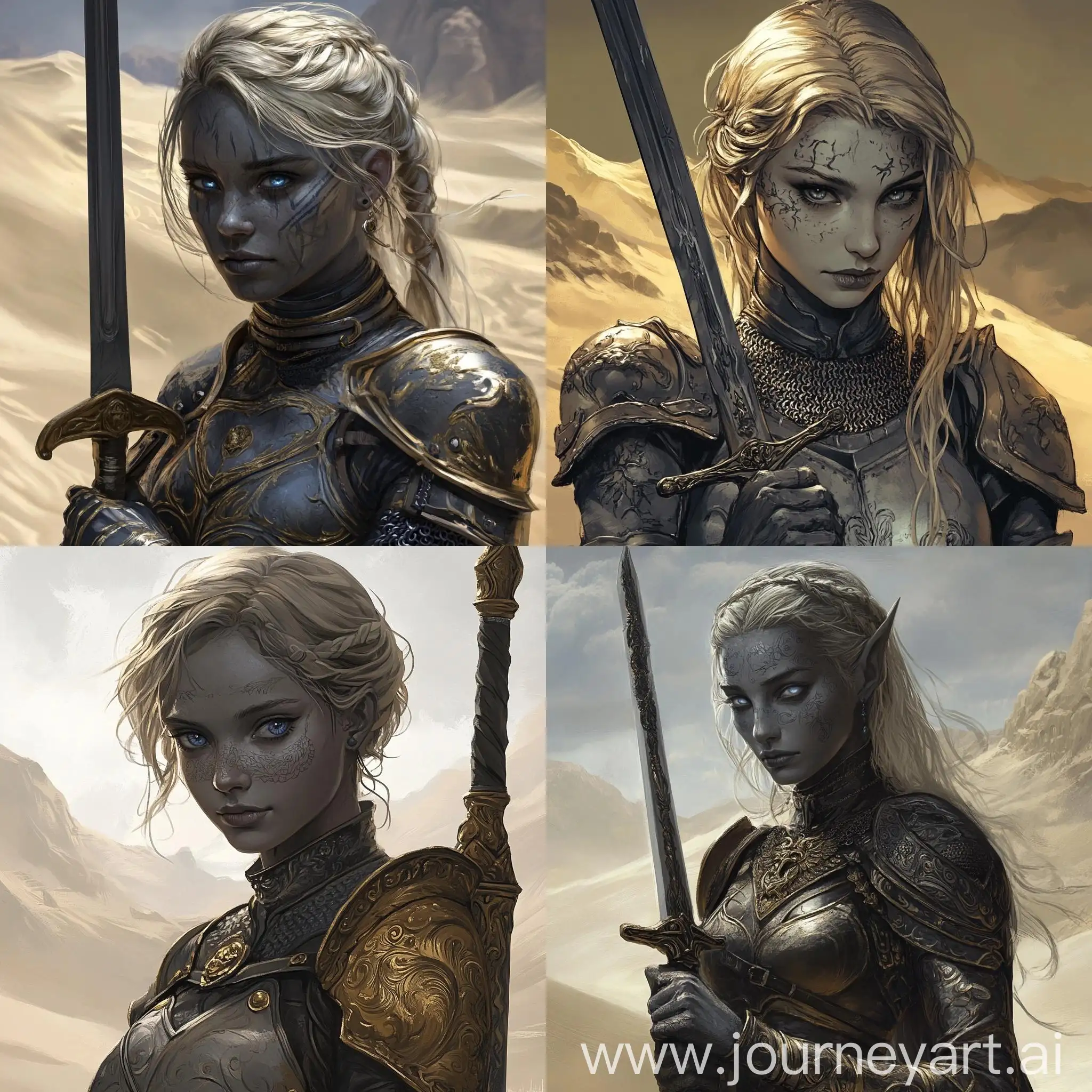 Fantasy-Female-Warrior-in-Gray-Stone-Skin-with-Sword-and-Maori-Style-Tattoos