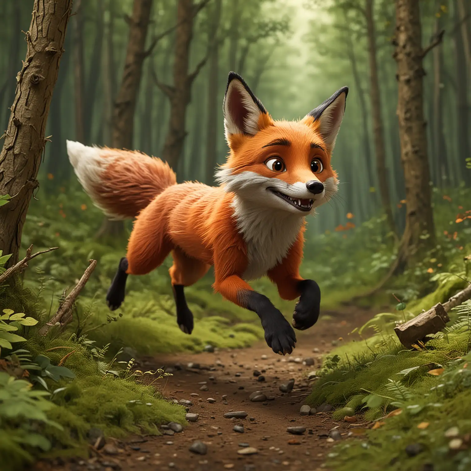 Fox Running Through Forest in Pixar Style