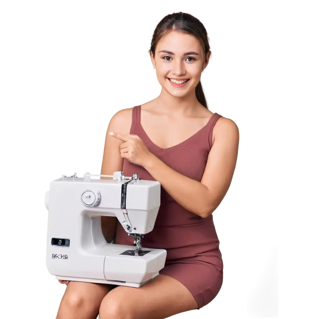 Stitching-Joy-A-Delightful-PNG-Image-of-a-Happy-Girl-Sewing-in-Red