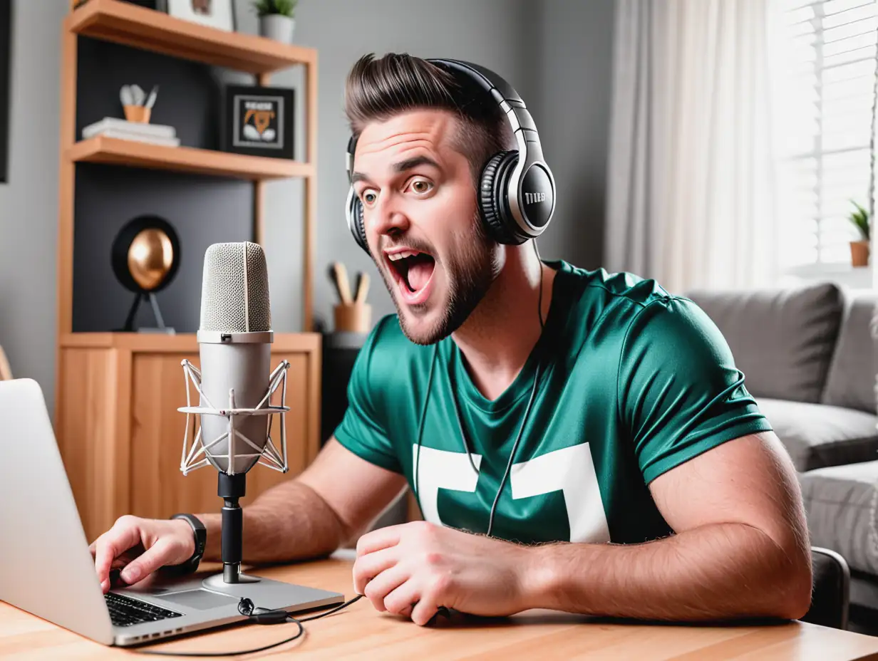 Football Podcaster in Fan Attire Recording at Home