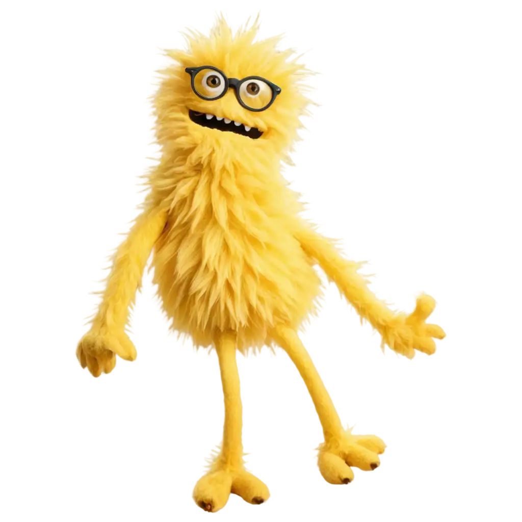 yellow fluffy monster with glasses and funny legs and cute