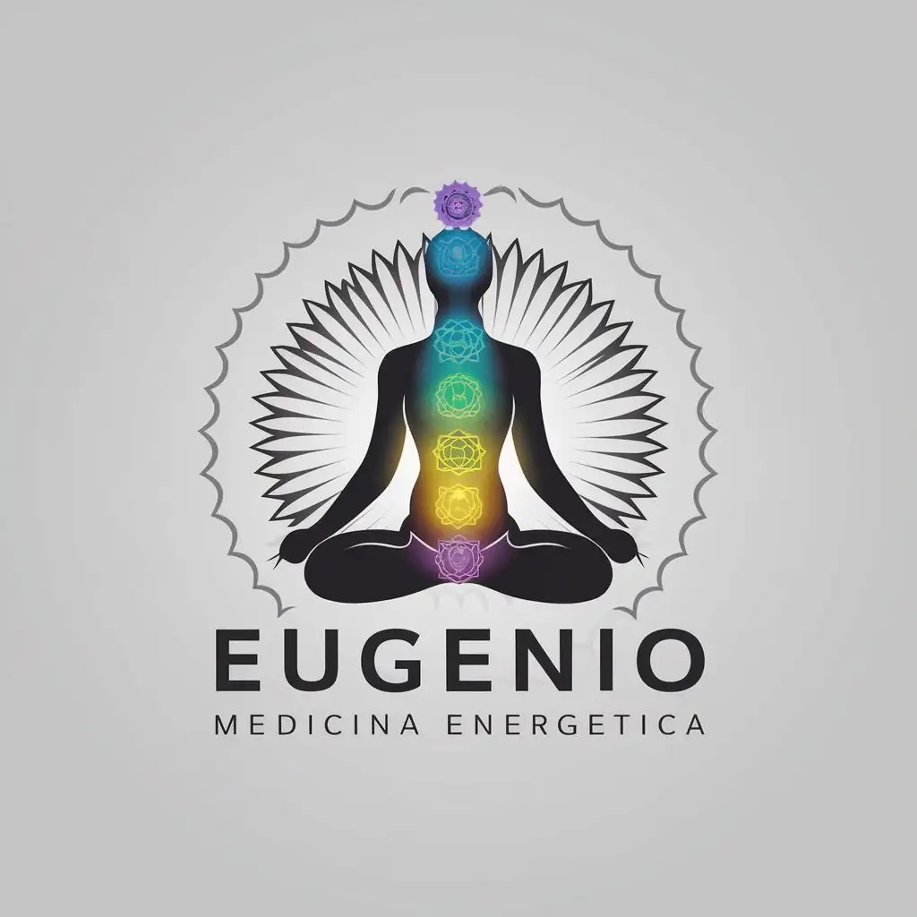 a vector logo design,with the text "Eugenio Medicina energetica", main symbol:seven chakras bluish-purple colors,Moderate,be used in Religious industry,clear background