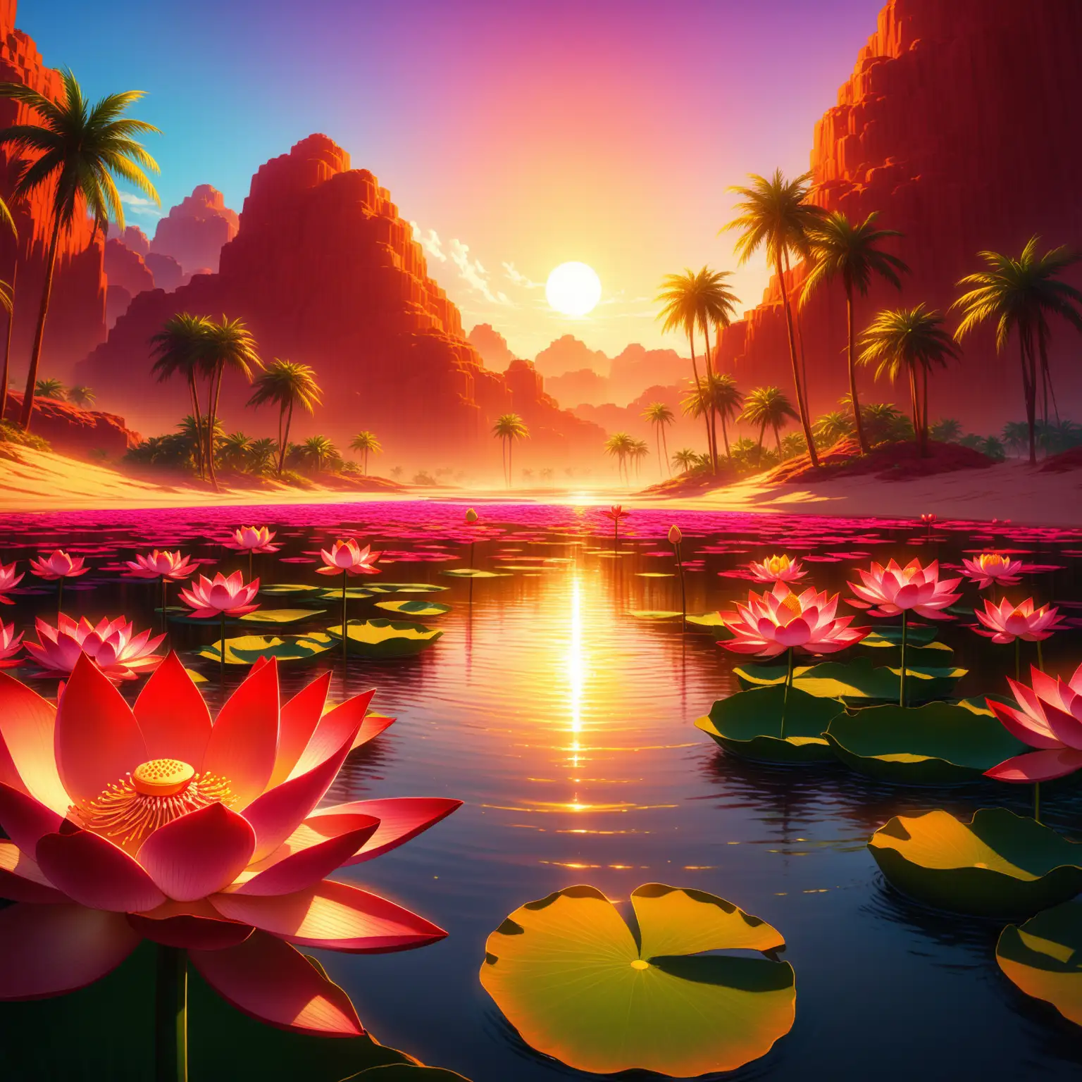 Vibrant Red Fire Lotus Blooming in a Serene Oasis