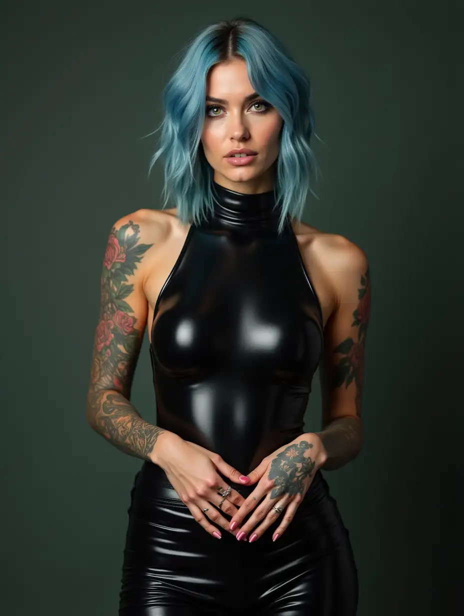 Photorealistic Portrait of a Stunning Woman with Green Eyes and Blue Hair in Black Latex Attire