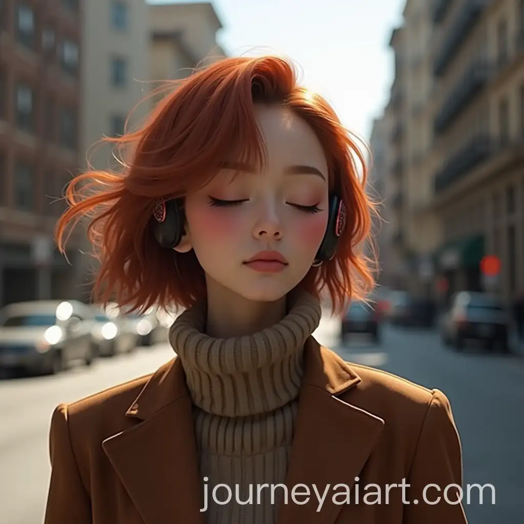 Woman-in-Brown-Suit-Jacket-with-TWS-Bluetooth-Headphones-in-LowKey-City-Outdoor-Setting