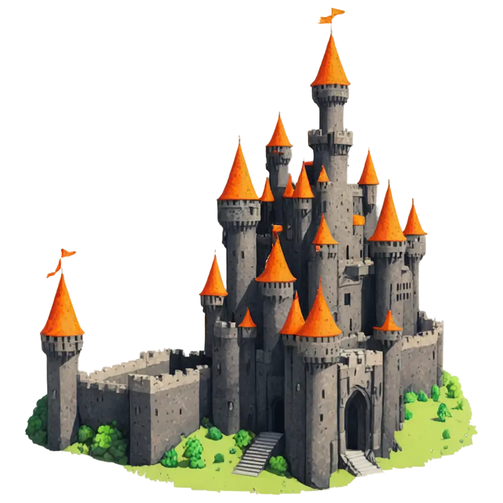 Pixelated-Video-Game-Castle-PNG-Image-Featuring-Famous-Characters-in-Orange-Black-and-Blue