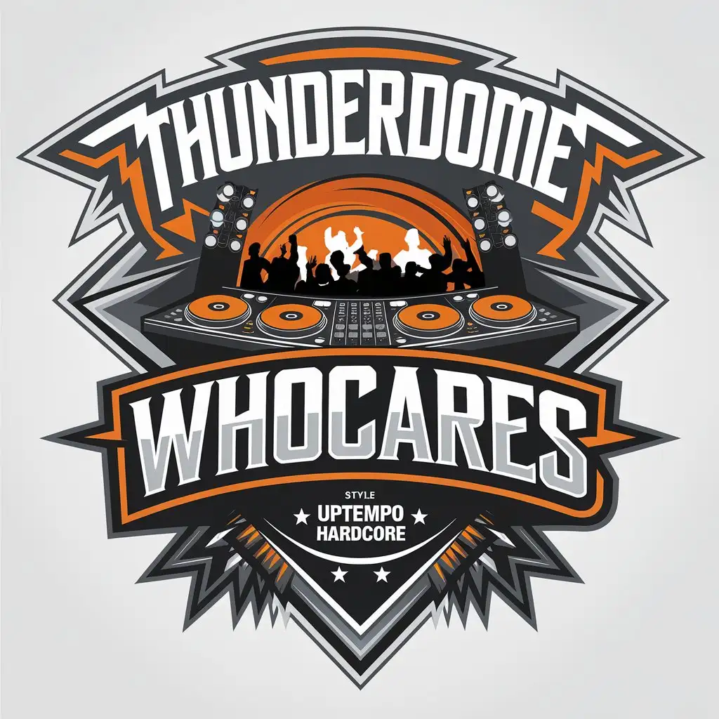 LOGO Design for WhoCares DJ Equipment Partying and Hardcore Music Theme with Thunderdome Elements