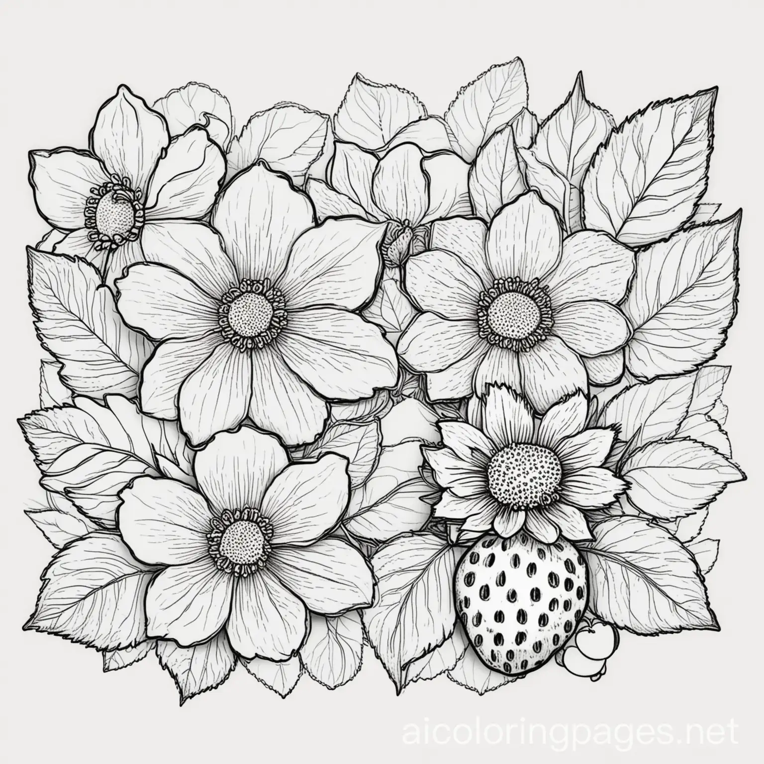 flowers and strawberries, Coloring Page, black and white, line art, white background, Simplicity, Ample White Space. The background of the coloring page is plain white to make it easy for young children to color within the lines. The outlines of all the subjects are easy to distinguish, making it simple for kids to color without too much difficulty