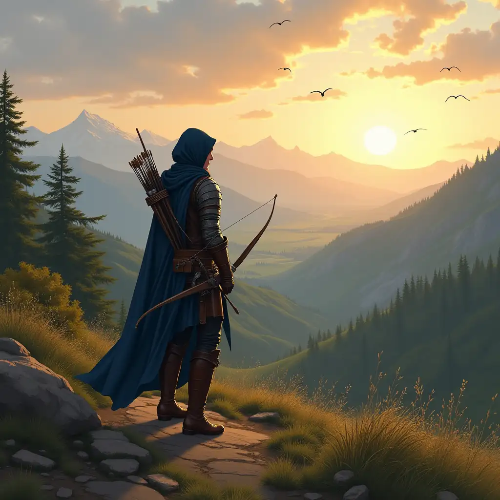 Artwork of a female adventurer in a medieval fantasy world. The character stands amidst a vast, wild landscape of rolling hills, dense forests, and distant mountains. The camera is positioned far enough to capture both the adventurer and the sweeping expanse of wilderness. Birds are flying in the sky. The character wears rugged leather armor and a dark blue, flowing cape that billows in the wind. A hood is hiding the character face. We don't see the character visage since she is watching the horizon. We look from the back of the character. We clearly see the feminine shape of the character too as she wear small heeled leather boots. A finely crafted bow and a full quiver of arrows are secured on their back, clearly separated from other gear. At their waist, a small but deadly dagger is attached to a leather belt. The scene is bathed in the warm, golden light of a setting sun, casting long shadows and highlighting the sense of grandeur and adventure. Ensure the elements are distinct and do not overlap unnaturally, with all details clear and harmonious.