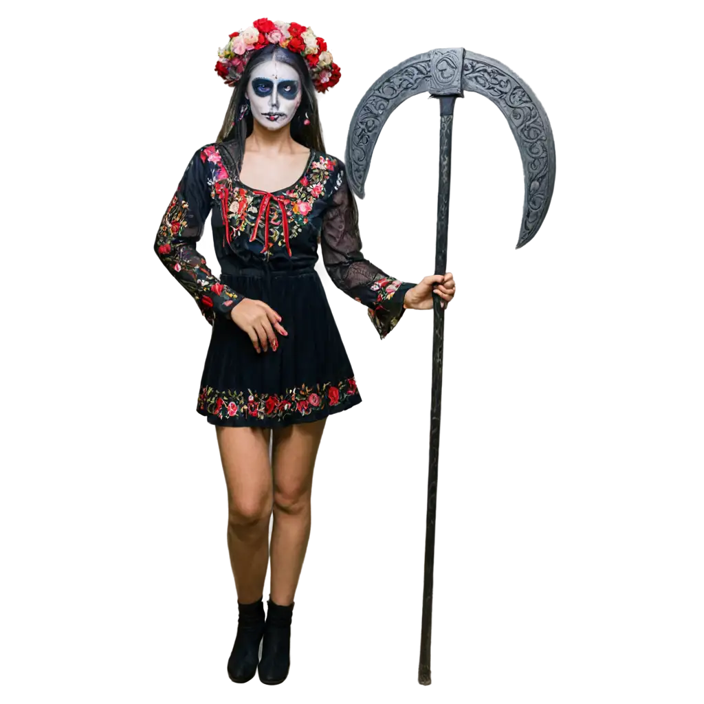 PNG-Image-of-Woman-in-Ukrainian-Traditional-Etno-Wear-with-Scythe-and-Floral-Headpiece