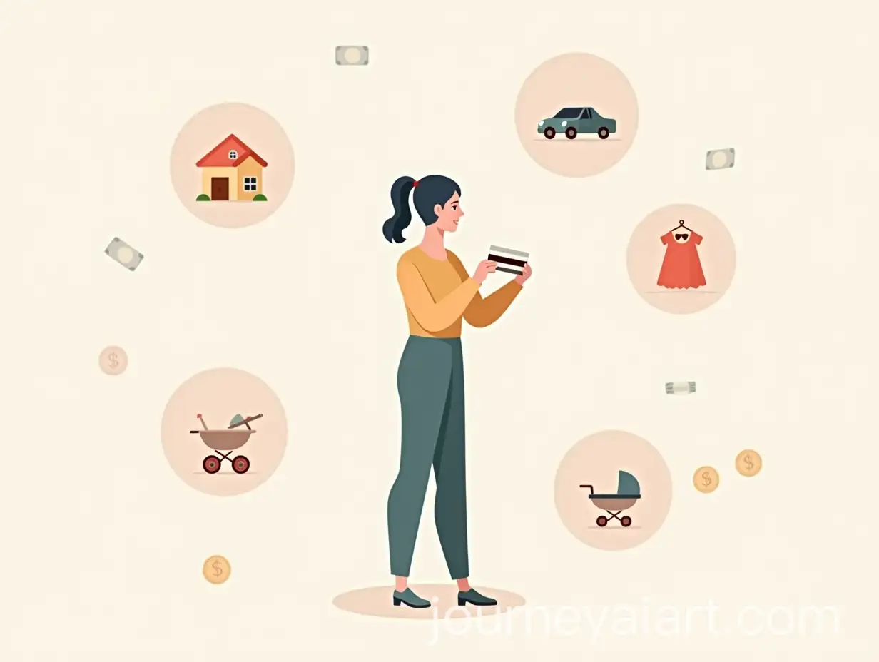 Minimalistic-2D-Illustration-of-Credit-with-Woman-Holding-Credit-Card-and-Surrounding-Objects