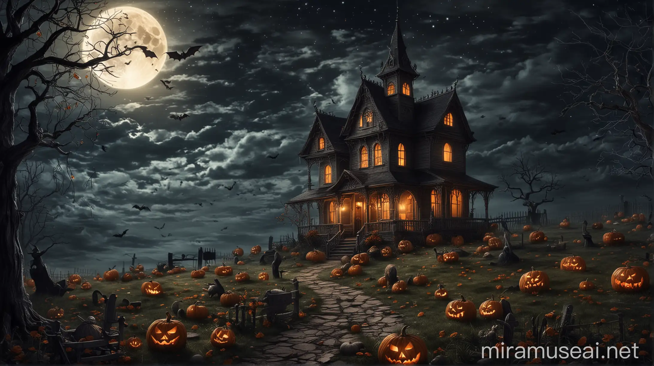 Enchanting Halloween Night Scene with Full Moon