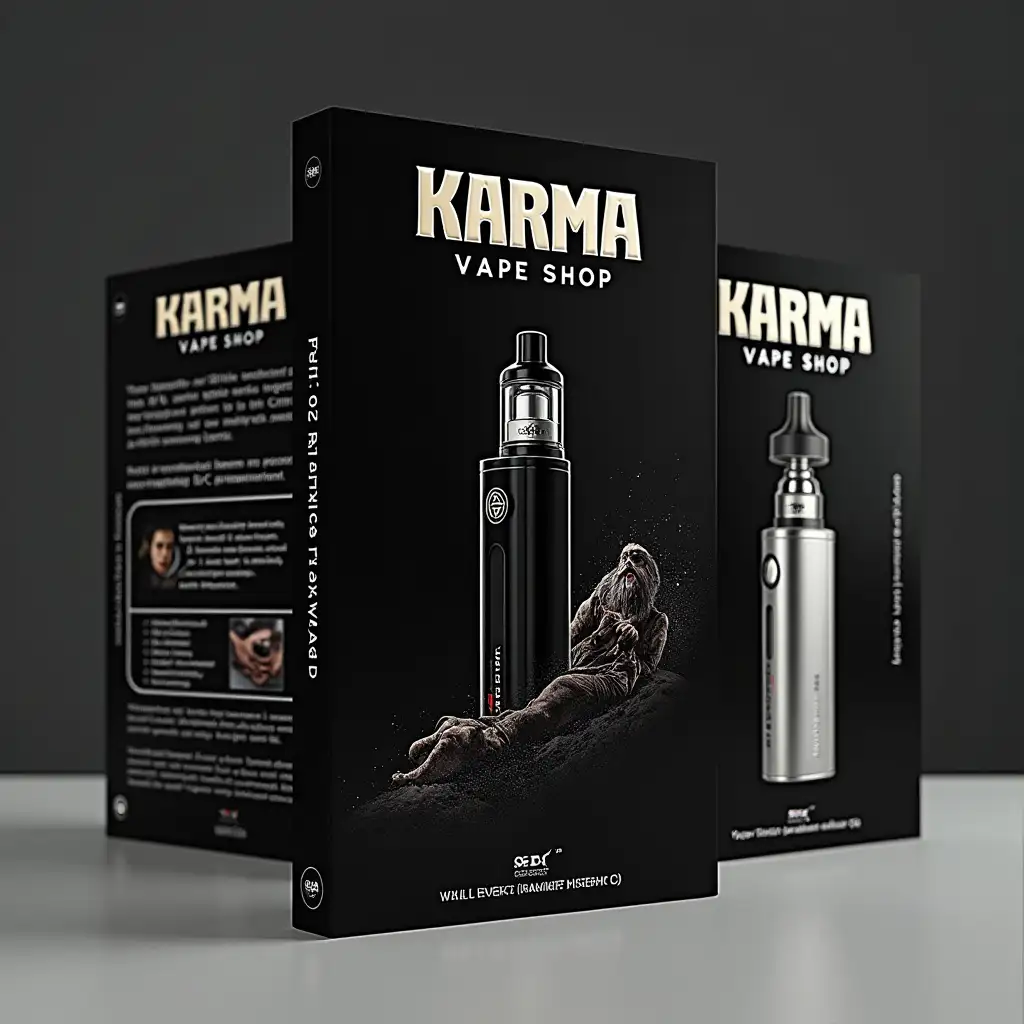 The cover should be with the inscription 'KARMA VAPE SHOP' on the photo should be sdek, Yandex market, mail, different transport companies, vapes, disposable, vape liquids, the background should be light dark black and white