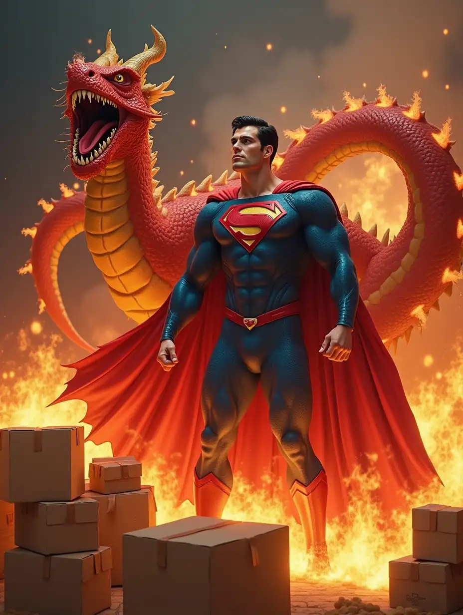 Superman transforms into a dragon and burns a bunch of cardboard boxes.