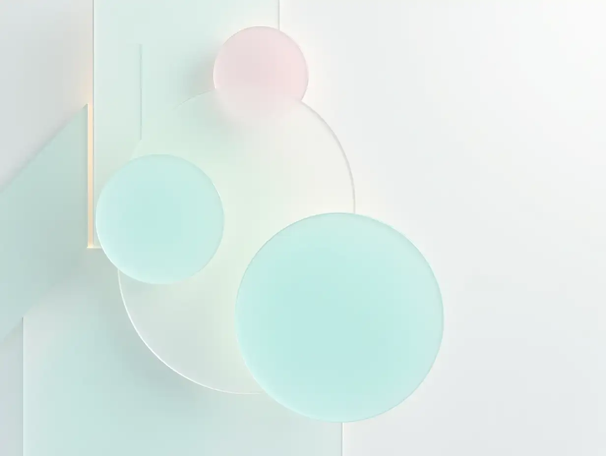 A sophisticated wallpaper design with overlapping geometric shapes, such as circles and rectangles, rendered in a semi-transparent glassmorphism style. The shapes feature soft frosted textures with glowing edges in pastel hues like mint green, blush pink, and sky blue. The background transitions from light gray to white in a subtle gradient, emphasizing the floating, airy quality of the shapes. The overall design is minimalist and futuristic, creating an elegant and calming visual. Highly detailed, artistic, eye-catching, very attractive, 128k uhd