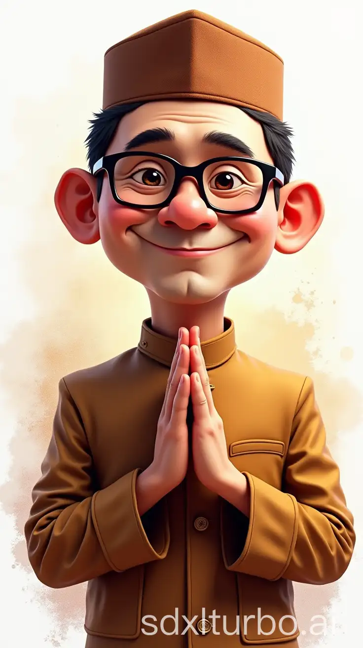 4d caricature image of a 45 year old Indonesian man, wearing a traditional Javanese cap, traditional Javanese clothes. Wearing glasses. he is facing the camera with both hands in the namaste position. backgound splash colour 