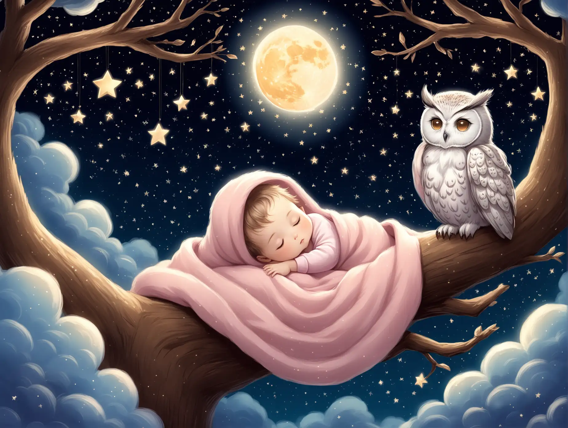 Dreamy-Nighttime-Baby-Sleeping-on-Cloud-with-Owl-Watching-Over