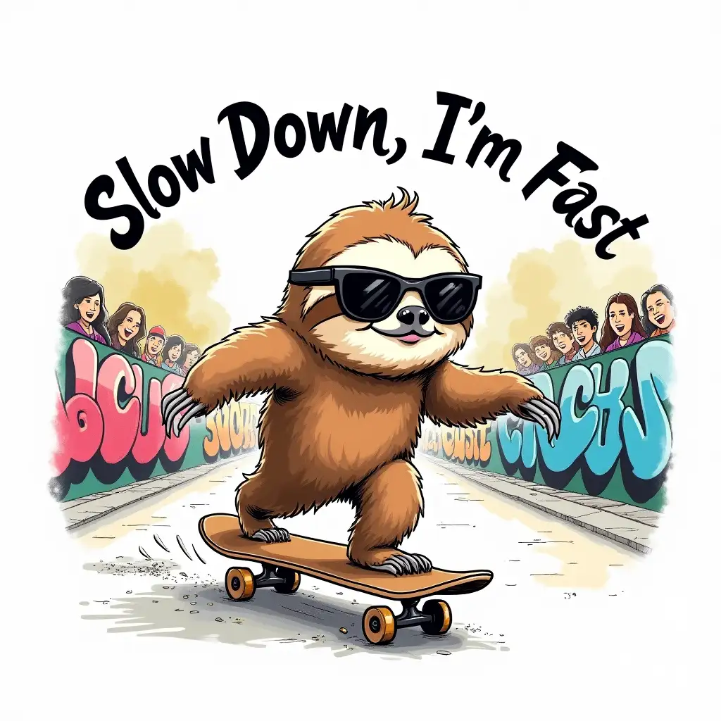 A whimsical illustration where a sloth adorned in oversized sunglasses races across an urban street scene on a skateboard, exuding a carefree yet lively expression. Accompanying this speedy sloth are vivid graffiti-style murals that inject vibrancy into the background. Cheerful onlookers are part of the scene, adding to the happy urban vibe with their expressions of excitement. The hand-drawn design is enhanced with a watercolor effect, blending soft, flowing colors with bold, crisp outlines to create contrast and depth. The phrase 'Slow Down, I'm Fast' arches over the top of the image in a graffiti-style font, integrated seamlessly into the artwork, easy to read and harmonizing with the overall playful tone. A color palette limited to 3-4 complementary hues ensures the design is striking yet minimalistic. The entire illustration is centered and isolated on a plain white background, with enough negative space to highlight its humor and originality, making it ideal for printing on a t-shirt.