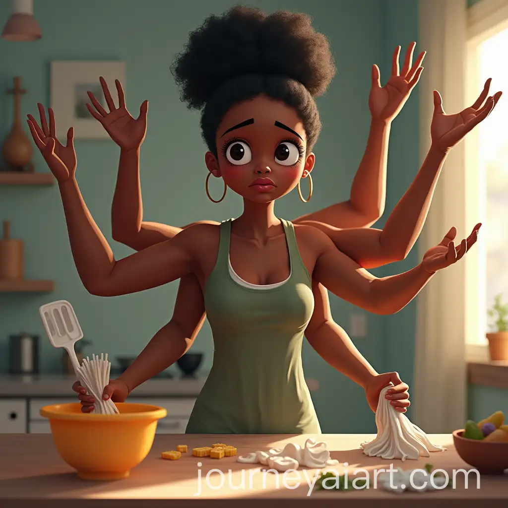 Black-Woman-Multitasking-in-a-Household-Setting-with-Multiple-Arms