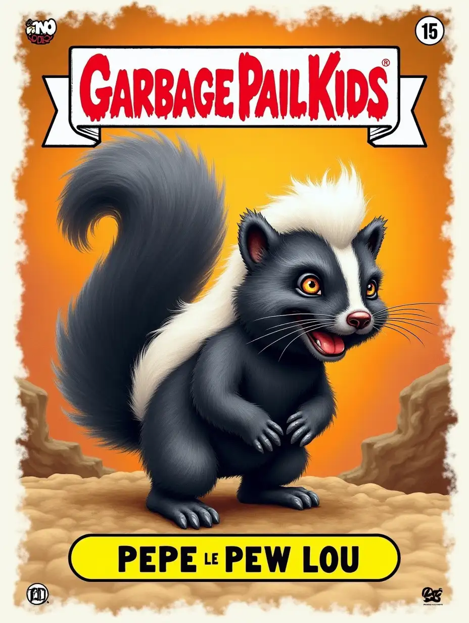 Skunk, Garbage Pail Kids trading card, Text on bottom: Pepe Le Pew Lou